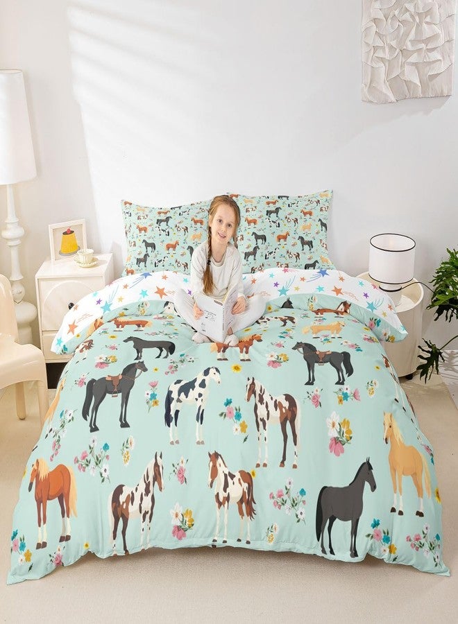 Feelyou Horse Duvet Cover Galloping Horse Bedding Set for Kids Boys Girls Teens Room Decor Cute Animal Decor Floral Comforter Cover Set Queen Size Kawaii Teal Bedspread Cover 3Pcs Zipper - Image 4