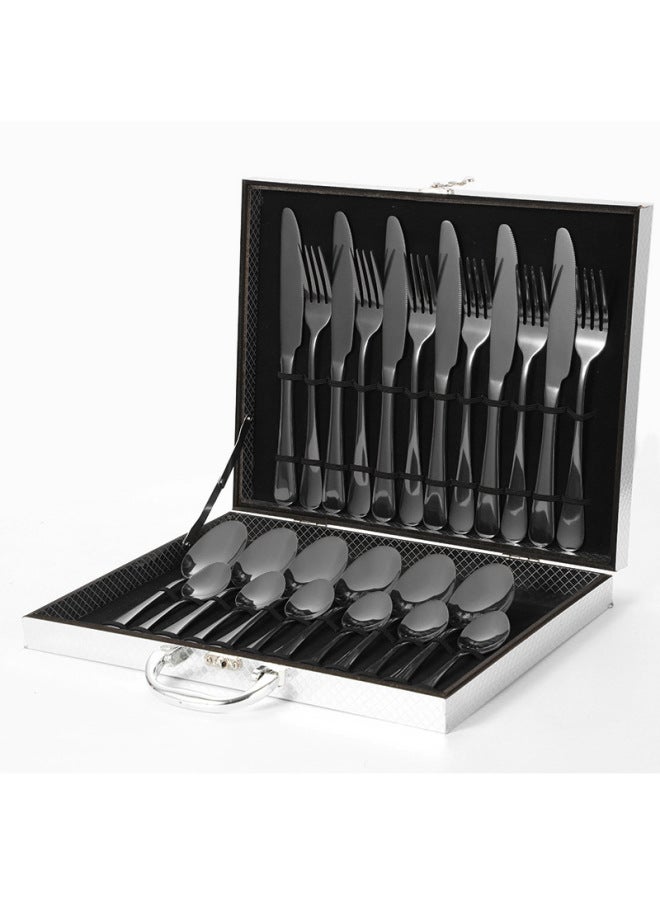 Stainless Steel 1010 Cutlery Set 24 Pieces Titanium Coated Western Dining Utensils Gift Box Set Export Gifts-Color:Black 24-piece Silver Box  - Image 1