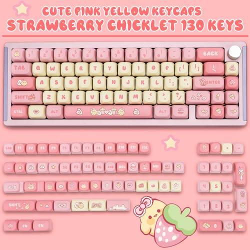 GEKUCAP PBT Cute Pink Yellow Keycaps 136 Keys XOA Key caps Dye Sublimation Custom Keycap Set Round Profile for Cherry MX Switches Mechanical Gaming Keyboards（Strawberry Chick Theme） - Image 2