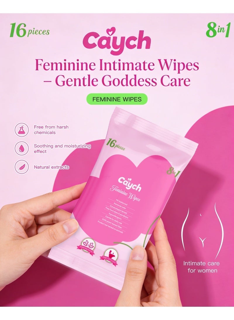 CAYCH Feminine Intimate Hygiene Wipes 16 Sheets for Women, 8 in 1 PH Balanced, Deodorizing, Moisturizing, Hypoallergenic, Flushable Biodegradable Personal Care Cleaning Wet Wipes - Image 5