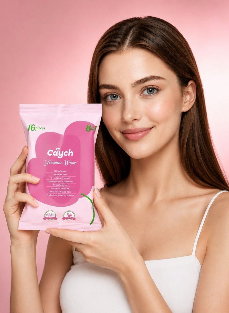 CAYCH Feminine Intimate Hygiene Wipes 16 Sheets for Women, 8 in 1 PH Balanced, Deodorizing, Moisturizing, Hypoallergenic, Flushable Biodegradable Personal Care Cleaning Wet Wipes - Image 1