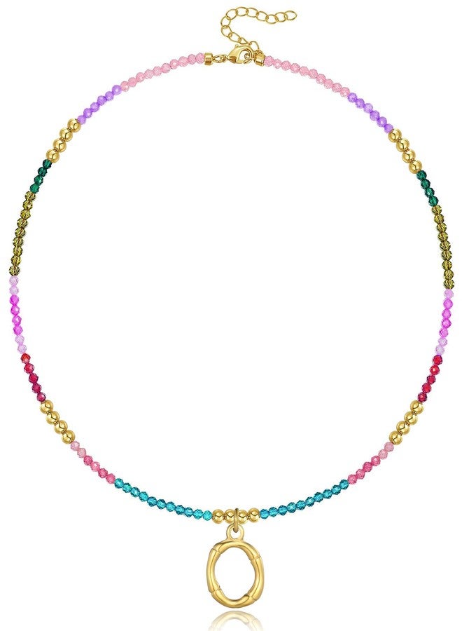 YOUFENG Beaded Initial Necklace for Women 14K Gold Plated Bamboo Letter Pendant Rainbow Gemstone Choker Colorful Summer Beach Handmade Jewelry Gift O - Image 1