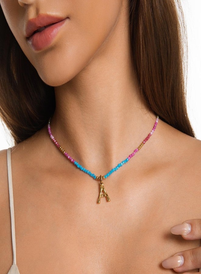 YOUFENG Beaded Initial Necklace for Women 14K Gold Plated Bamboo Letter Pendant Rainbow Gemstone Choker Colorful Summer Beach Handmade Jewelry Gift O - Image 5