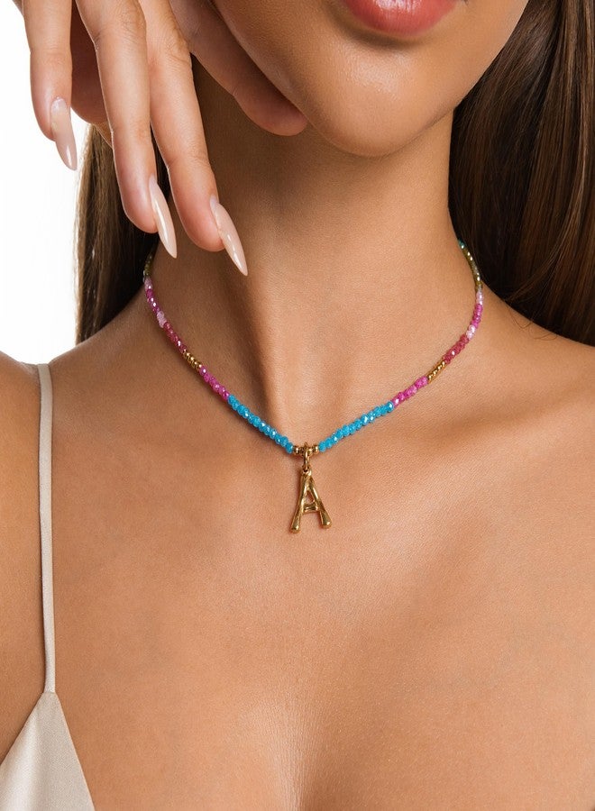 YOUFENG Beaded Initial Necklace for Women 14K Gold Plated Bamboo Letter Pendant Rainbow Gemstone Choker Colorful Summer Beach Handmade Jewelry Gift O - Image 4