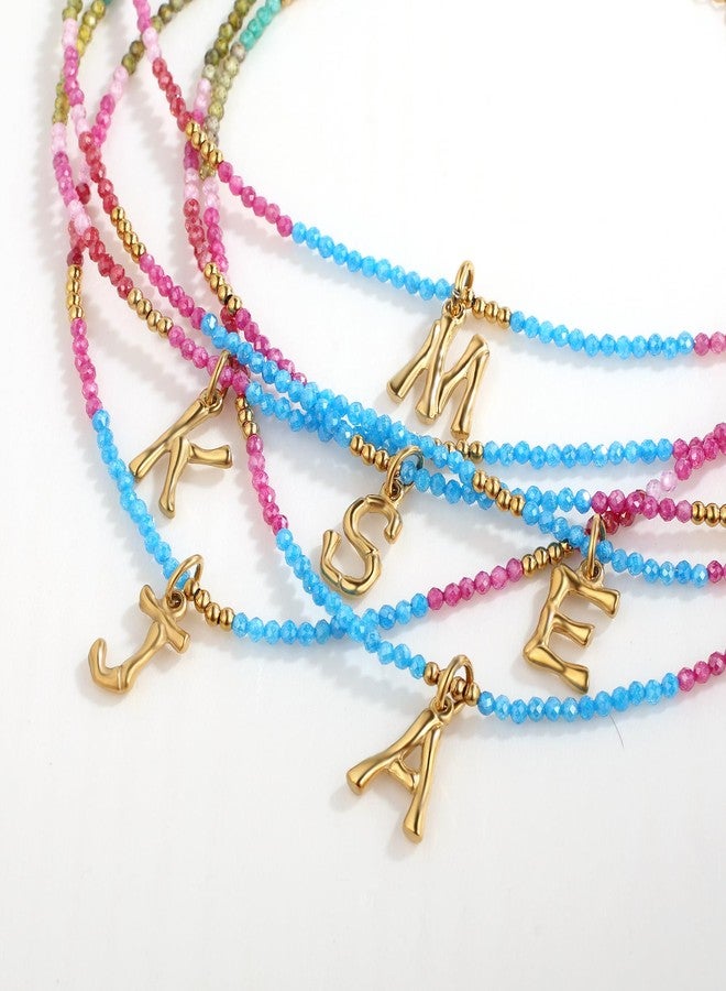 YOUFENG Beaded Initial Necklace for Women 14K Gold Plated Bamboo Letter Pendant Rainbow Gemstone Choker Colorful Summer Beach Handmade Jewelry Gift O - Image 3