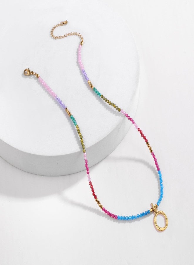YOUFENG Beaded Initial Necklace for Women 14K Gold Plated Bamboo Letter Pendant Rainbow Gemstone Choker Colorful Summer Beach Handmade Jewelry Gift O - Image 2