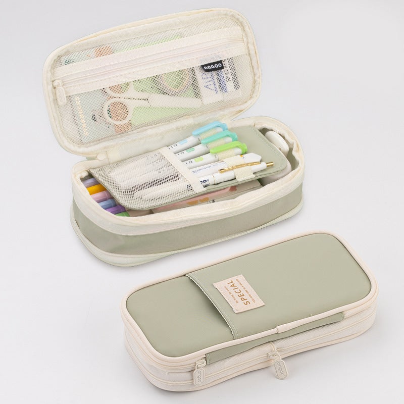 Korean Style Pencil Case Ins Japanese and Korean Style Macaron Color-matching Retractable Large Capacity Upgraded Pencil Case Stationery Case Foreign Trade Twill matcha green 