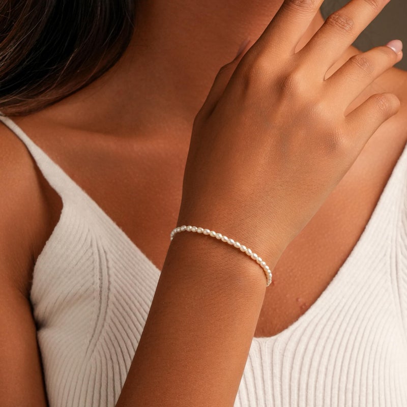 HENGSHENG Pearl Bracelets for Women Handpicked Freshwater Tiny Small Rice Pearls Link Strand Bracelets with Adjustable 18K Gold Plated Bolo Lock - Gold - Image 2