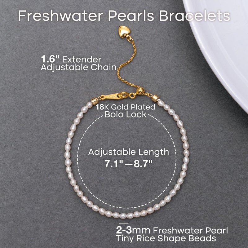 HENGSHENG Pearl Bracelets for Women Handpicked Freshwater Tiny Small Rice Pearls Link Strand Bracelets with Adjustable 18K Gold Plated Bolo Lock - Gold - Image 3