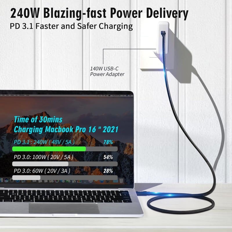 كيبل ديكون كابل تمديد Thunderbolt 5 USB 4 فائق السرعة 80 جيجابت في الثانية لنقل البيانات، شحن سريع 240 واط، اتصال فيديو فائق الوضوح 16K، كابل USB Type-C (Thunderbolt 5 USB 4.0 80 جيجابت في الثانية 0.5 متر) - Image 5