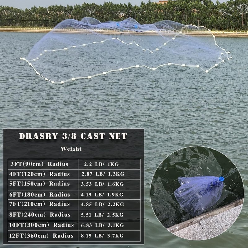 Drasry Saltwater Fishing Cast Net 3/8 and 1/4 Mesh with Heavy Duty Gray Sinker American Monofilament Fish Throw Net for Bait Trap 3FT 4FT 5FT 6FT 7FT 8FT 9FT Radius0.66 lb/ft, 3FT Radius /90cm - Image 3
