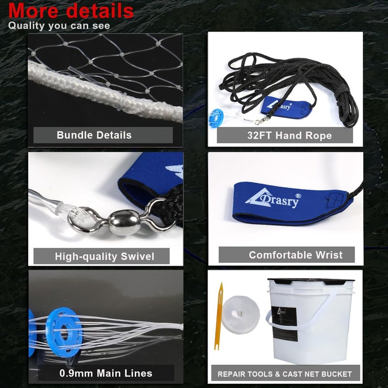 Drasry Saltwater Fishing Cast Net 3/8 and 1/4 Mesh with Heavy Duty Gray Sinker American Monofilament Fish Throw Net for Bait Trap 3FT 4FT 5FT 6FT 7FT 8FT 9FT Radius0.66 lb/ft, 3FT Radius /90cm - Image 5