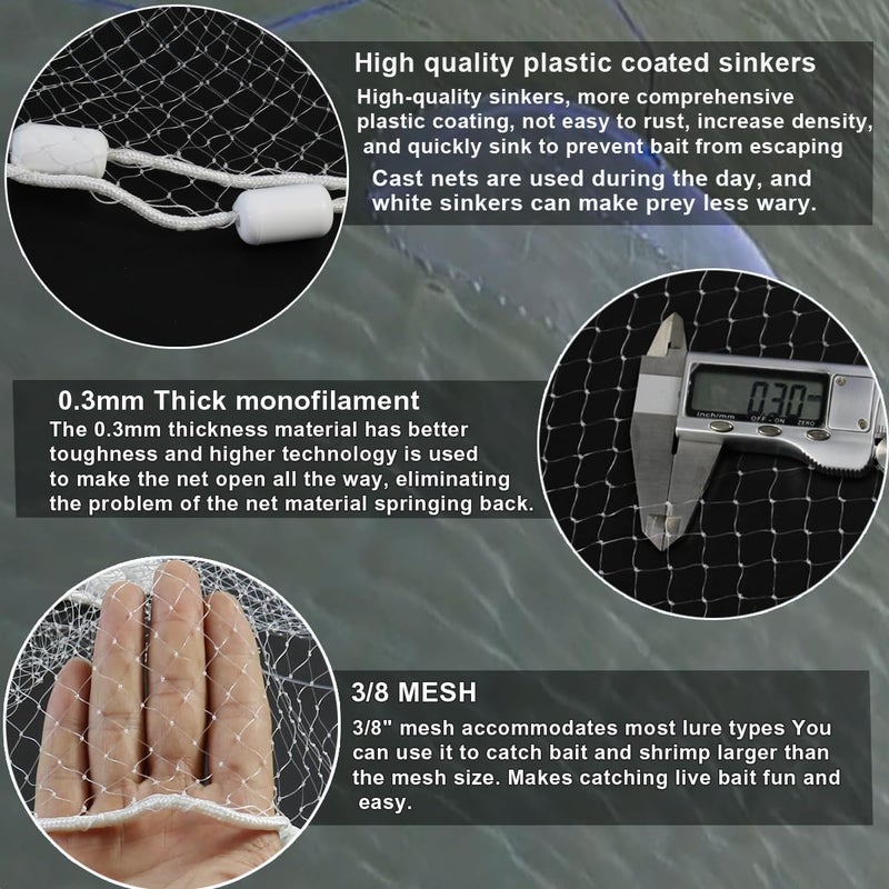 Drasry Saltwater Fishing Cast Net 3/8 and 1/4 Mesh with Heavy Duty Gray Sinker American Monofilament Fish Throw Net for Bait Trap 3FT 4FT 5FT 6FT 7FT 8FT 9FT Radius0.66 lb/ft, 3FT Radius /90cm - Image 2