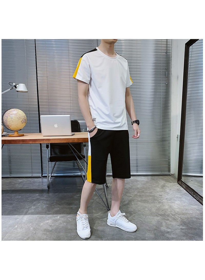 Men's summer color blocking casual sports short sleeved shorts set  - Image 1