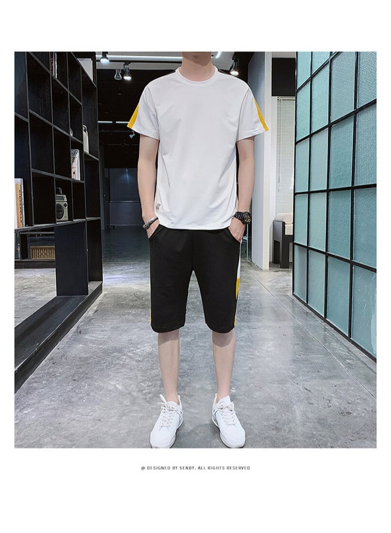 Men's summer color blocking casual sports short sleeved shorts set  - Image 2