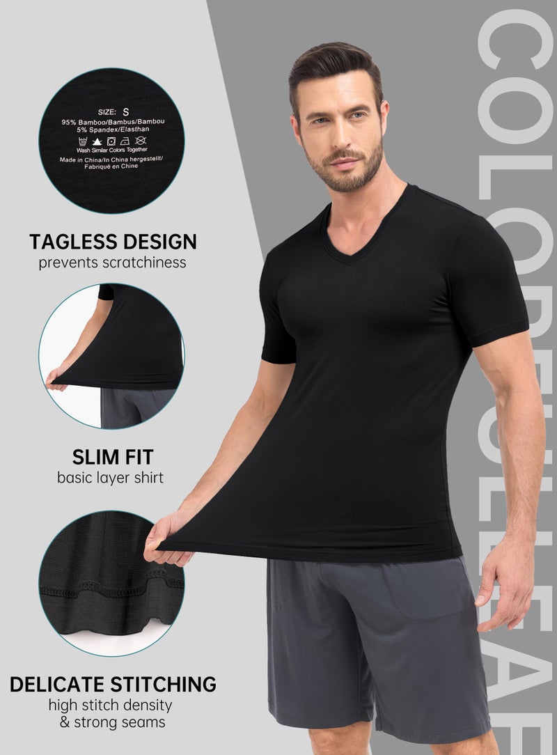 COLORFULLEAF Mens Bamboo Rayon Undershirts Black V Neck T Shirts Short Sleeve Slim Fit Tees Multipack(3Black,L) - Image 4