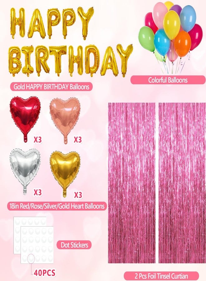 wohohoho Pink Happy Birthday Party Decorations, Happy Birthday Banner, Pink Streamers Tinsel Backdrop, 4 Colors Foil Heart Balloons with Colorful Latex Balloons Party Decor for Girls Women Princess Birthdays - Image 2