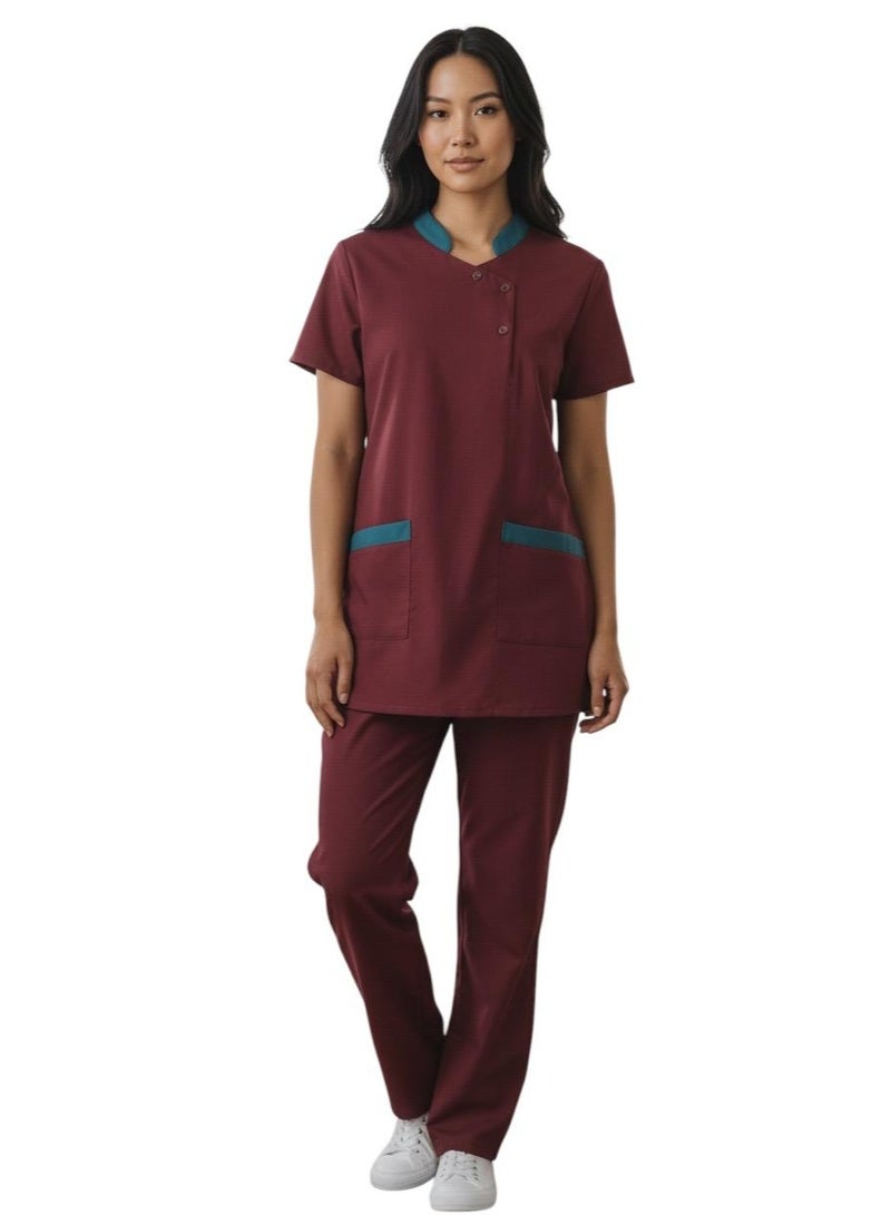 أزياء دي طقم زيّ تنظيف احترافي، بلوزة بأكمام 3/4 وبنطال، ياقة ماندرين. فستان زيّ خادمة منزلية. - Image 1