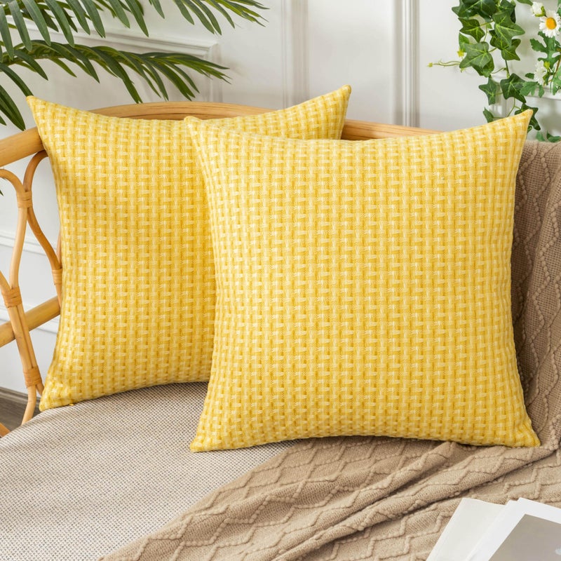 UGS UGASA UGASA Outdoor Waterproof Pillow Covers Pack of 2 Weaving Texture Water Resistant Outside Decorative Pillow Cases for Patio Garden Porch Yard Bench Tent 18x18 Inch  Yellow - Image 1