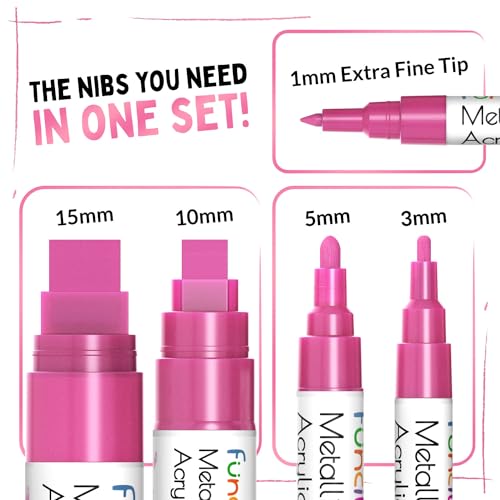 Funcils 5 Acrylic Metallic Pink Paint Pen Extra Fine Tip Thin Jumbo 1mm 3mm 6mm 10mm 15mm Paint Markers for Metal Rocks Plastic Canvas Wood Fabric Tire Glass Pink Permanent Marker - Image 3
