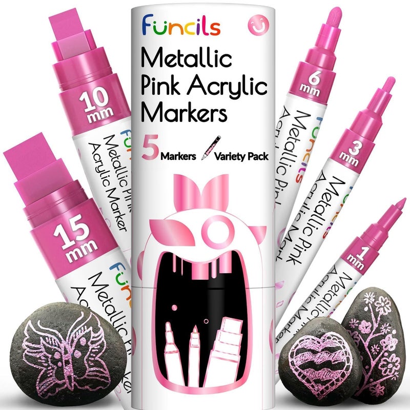 Funcils 5 Acrylic Metallic Pink Paint Pen Extra Fine Tip Thin Jumbo 1mm 3mm 6mm 10mm 15mm Paint Markers for Metal Rocks Plastic Canvas Wood Fabric Tire Glass Pink Permanent Marker - Image 2