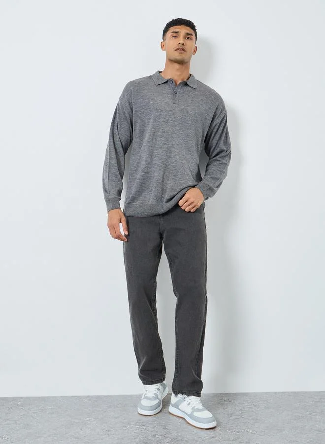 Styli Styli Men Grey Knitted Relaxed Fit Polo Sweater