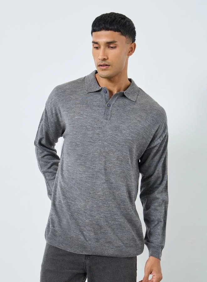 Styli Styli Men Grey Knitted Relaxed Fit Polo Sweater