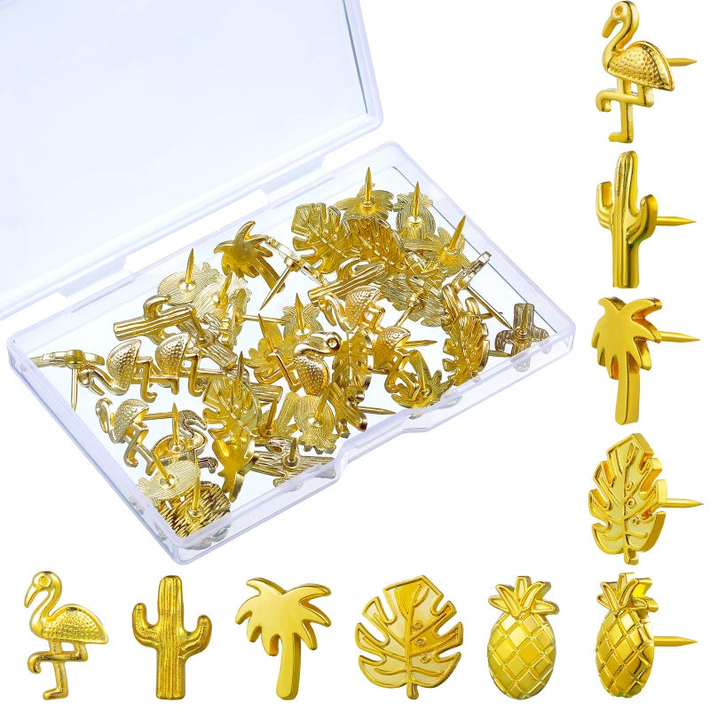 Eersida 40 Pieces Gold Push Pins Cute Push Pins Tropical Office Supplies 5 Designs Decorative Thumb Tacks Cactus Palm Leaf Thumb Tacks for Photos Wall Maps Bulletin Board Cork Boards