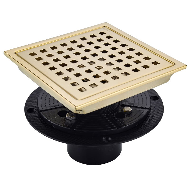 SWHYGER 6 Inch Square Shower Floor Drain Brushed Brass with FlangeSUS304 Stainless Steel Gold Shower Drain Cover with Quadrato Pattern Grate Removable Hair Strainer98738BG6S