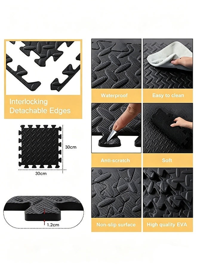 Purrhappy 6/12/36pcs Play/Gym Floor Tiles Interlocking Eva Foam Puzzle Mats , Foam Diy Padding With Border Baby Foam Floor Mats For Kids Playroom, Bedroom, Kindergarten & Home Gym Workout Equipment, 30x30cm 1.2cm Thick Black - Image 2