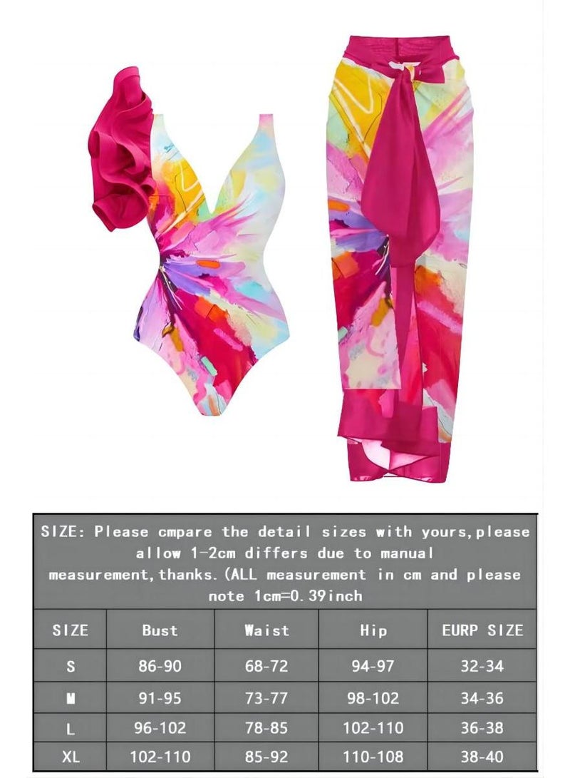 Generic 2-Piece Women Single Shoulder Lotus Leaf Edge Printed Swimsuit With Skirt Holiday Beach Dress Female Retro Swimwear Vintage Surf Wear Summer  - Image 4