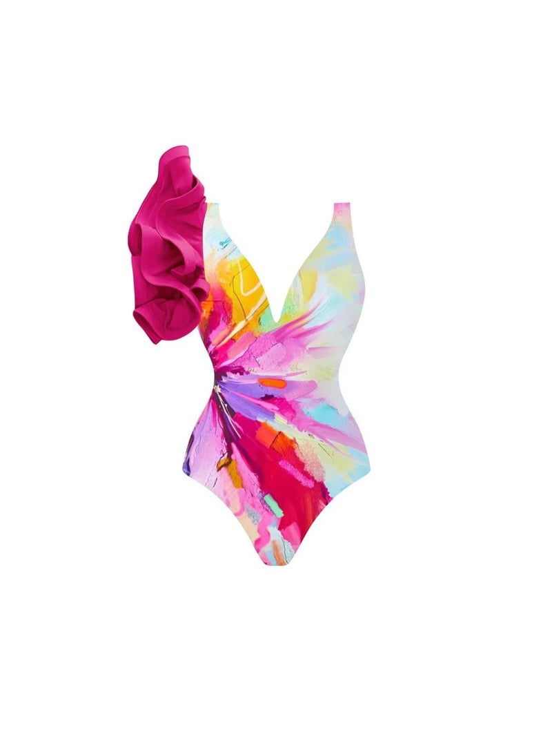 Generic 2-Piece Women Single Shoulder Lotus Leaf Edge Printed Swimsuit With Skirt Holiday Beach Dress Female Retro Swimwear Vintage Surf Wear Summer  - Image 2