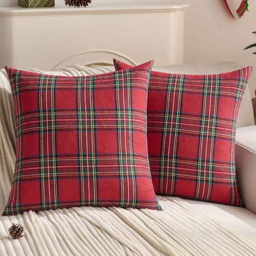 FUTEI Christmas Red Plaid Throw Pillow Covers 18x18 Inch Set of 2 Buffalo Check Holiday Decorative Cushion Case Farmhouse Home Decor for Couch Bed Living Room - Image 1