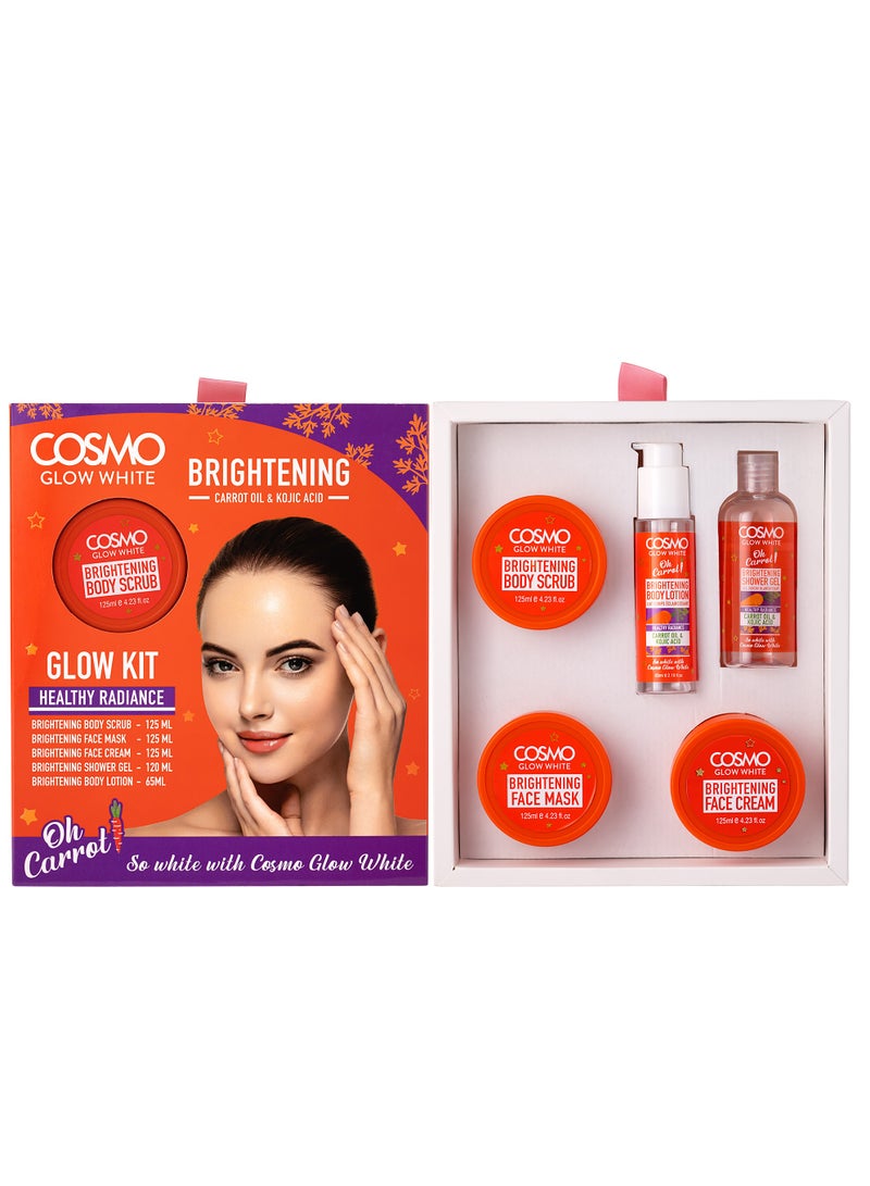 COSMO مجموعة كوزمو للعناية بالبشرة جلو وايت أو جزر لتفتيح البشرة، مجموعة هدايا للجنسين، مقشر للجسم 125 مل، قناع للوجه 125 مل، كريم للوجه 125 مل، جل استحمام 120 مل، لوشن للجسم 65 مل، مجموعات للوجه - Image 1