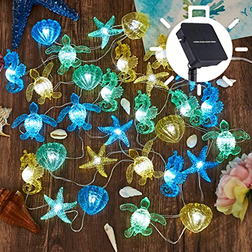 JASHIKA Coastal Solar String Lights Outdoor Garden Lights Marine Life Solar Fairy Garden Lights for Outside 14ft 40LED Waterproof Turtle Seahorse Starfish Clam Beach House Nautical String Lights Yard Decor - Image 1