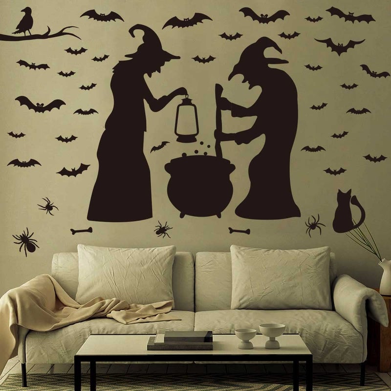 Ivenf Ivenf Halloween Party Supplies Decorations Wall Decal Window Decor 2 Witches with Bats Spider Mouse & Crow  - Image 1