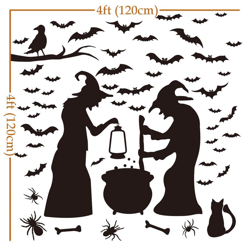 Ivenf Ivenf Halloween Party Supplies Decorations Wall Decal Window Decor 2 Witches with Bats Spider Mouse & Crow  - Image 3