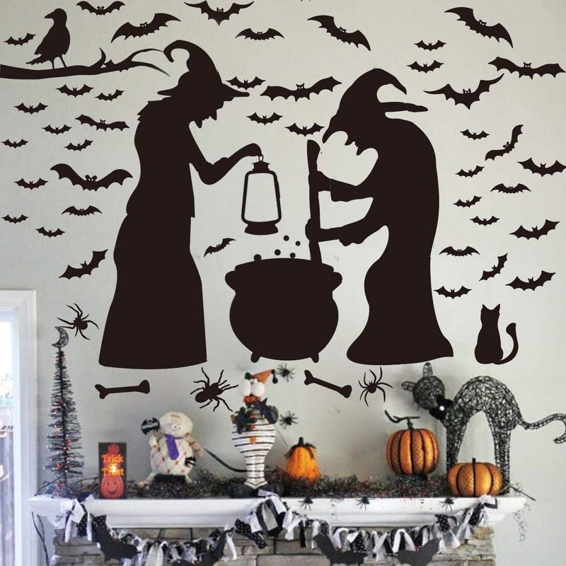 Ivenf Ivenf Halloween Party Supplies Decorations Wall Decal Window Decor 2 Witches with Bats Spider Mouse & Crow  - Image 2