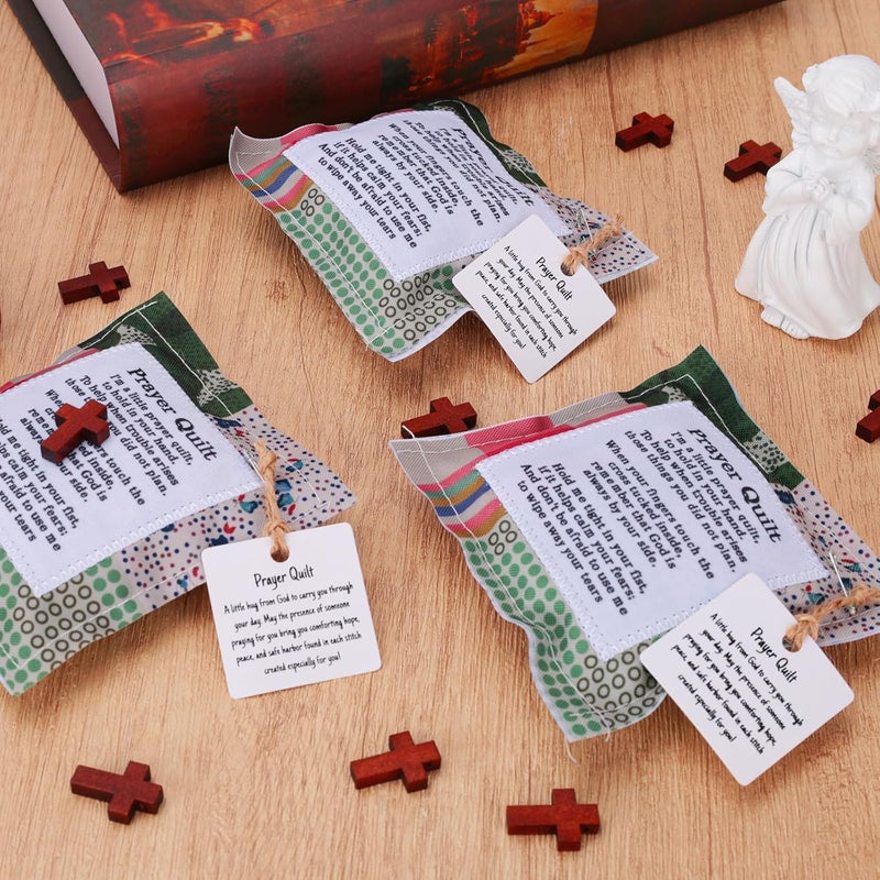 PLUVAVA 4 Pieces Mini Prayer Quilt with Cross Inside Pocket Prayer Quilts Squares Poem Patches Handmade Scripture Prayer Cloths for Religious Pastor Church Christmas Appreciation Gifts (4 PCS) - Image 3