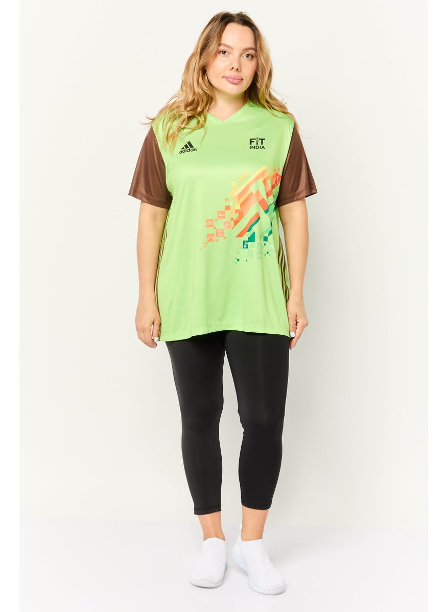 Adidas Women Sportswear Fit Short Sleeves Khelo India Football Jersey, Apple Green  - Image 2