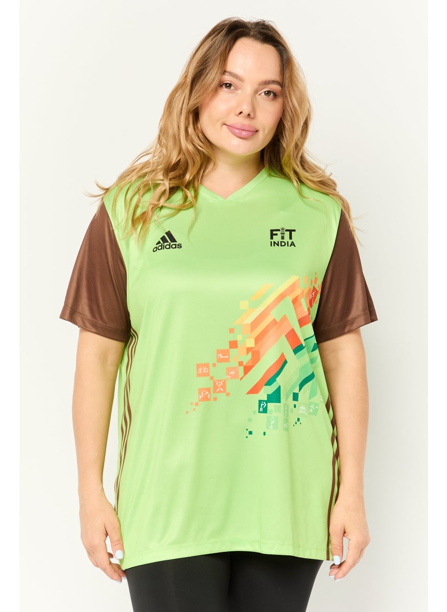 Adidas Women Sportswear Fit Short Sleeves Khelo India Football Jersey, Apple Green  - Image 1
