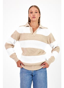 Cool Tarz Cool Style Women Striped Comfort V Polo Neck Sweater  - Image 1