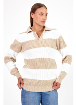 Cool Tarz Cool Style Women Striped Comfort V Polo Neck Sweater  - Image 4
