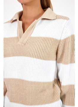 Cool Tarz Cool Style Women Striped Comfort V Polo Neck Sweater  - Image 5