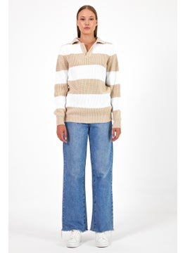 Cool Tarz Cool Style Women Striped Comfort V Polo Neck Sweater  - Image 2