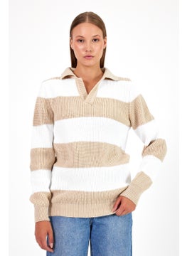 Cool Tarz Cool Style Women Striped Comfort V Polo Neck Sweater  - Image 3