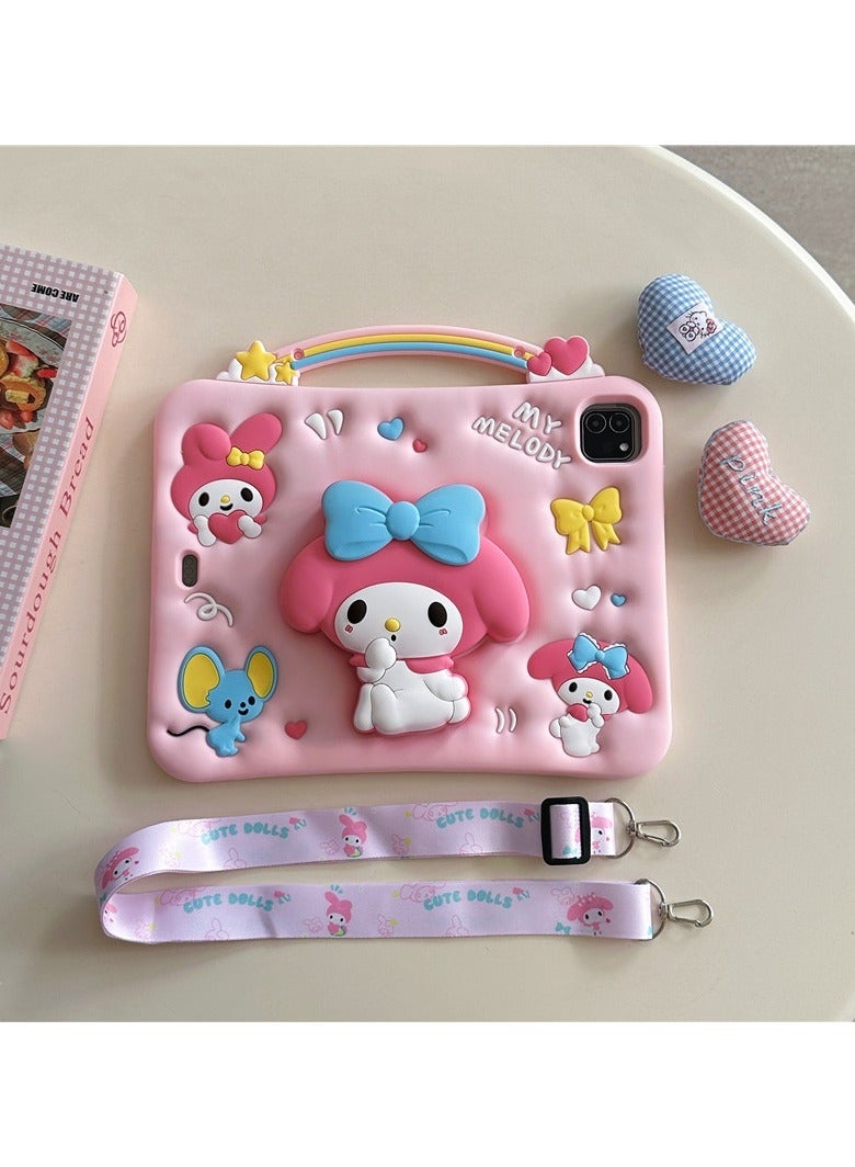 حالة جهاز لوحي على شكل My Melody اللطيفة لجهاز iPad، مع حامل دوار 360 درجة وحامل قلم، غطاء واقٍ كرتوني مضاد للصدمات مع حبل معلق. - Image 1