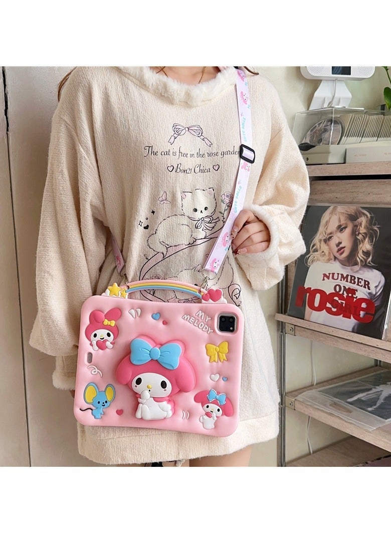 حالة جهاز لوحي على شكل My Melody اللطيفة لجهاز iPad، مع حامل دوار 360 درجة وحامل قلم، غطاء واقٍ كرتوني مضاد للصدمات مع حبل معلق. - Image 4