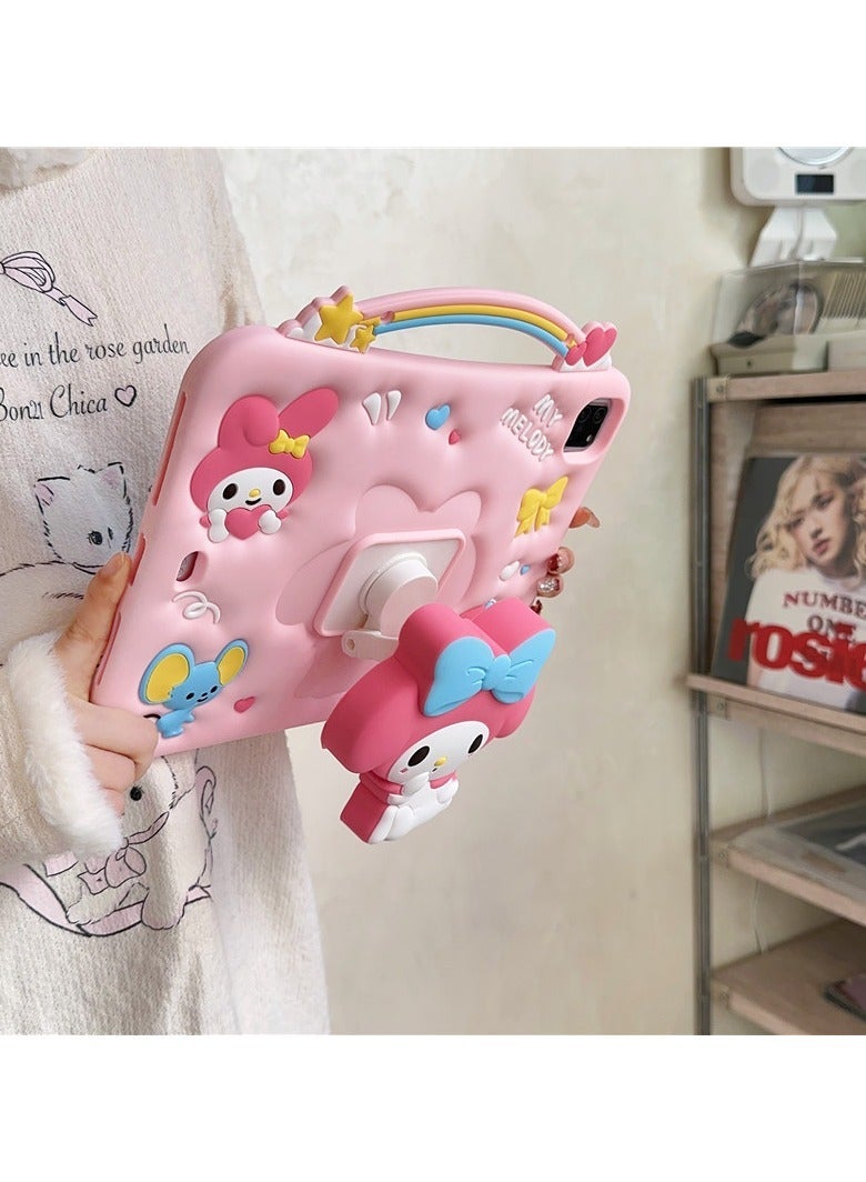 حالة جهاز لوحي على شكل My Melody اللطيفة لجهاز iPad، مع حامل دوار 360 درجة وحامل قلم، غطاء واقٍ كرتوني مضاد للصدمات مع حبل معلق. - Image 3