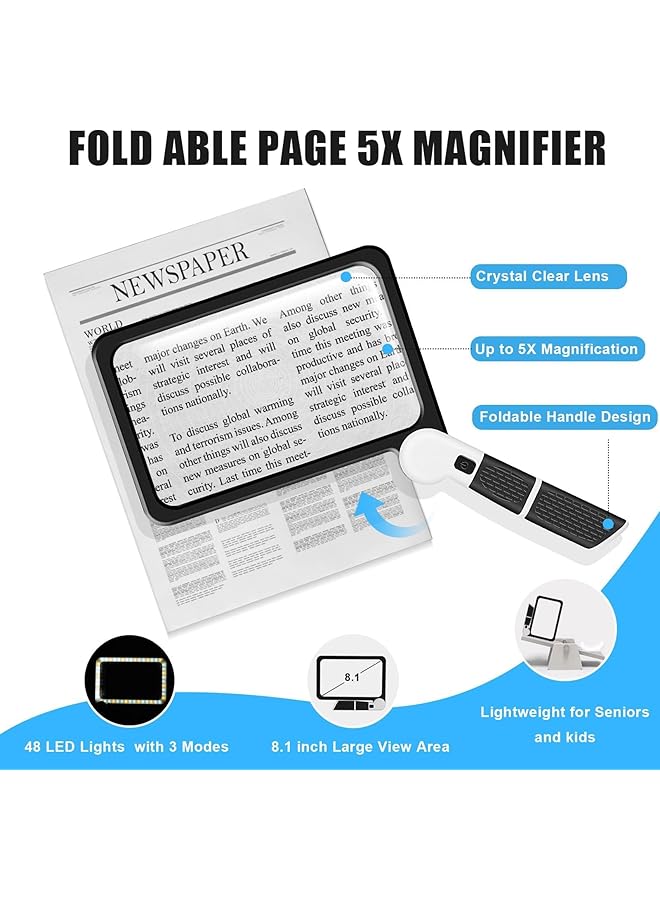 X spring Magnifying Glass With Light 5X Magnifying Glass For Reading Large Folding Lighted Magnifier With 48 Led Lights 3 Modes Handheld Full Page Magnifier For Seniors Low Vision Reading - Image 2